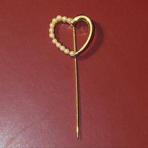 Vintage Stick Pin Women's Gold Heart Faux Pearl Brooch Lapel Hat Pin